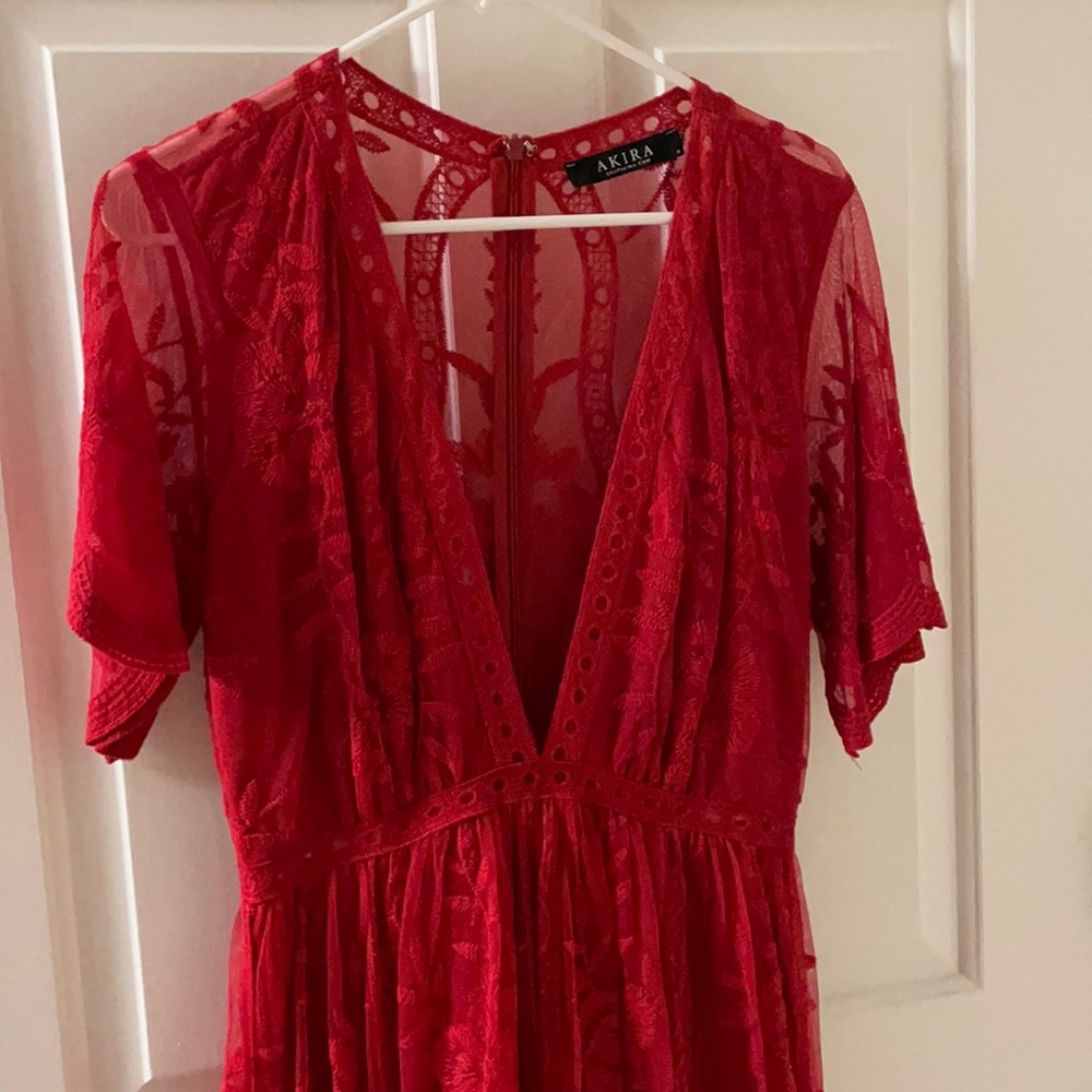 Red lace romper with full lace overlay